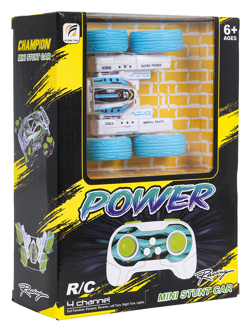 R/C mini stunt car rotaļu auto iepakojumā ar pulti, balti zilā krāsā