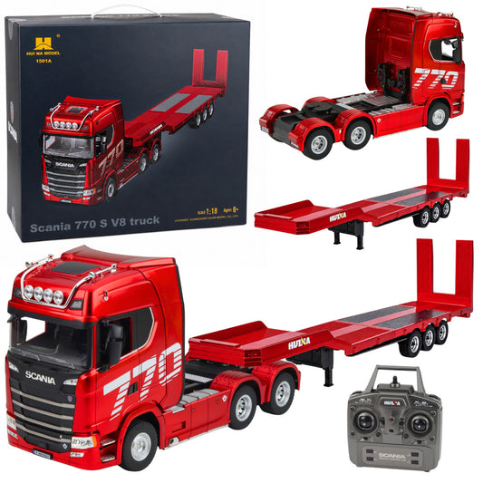 RC Scania 770S Huina ar platformas piekabi 1:18 sarkanā krāsā ar tālvadības pulti