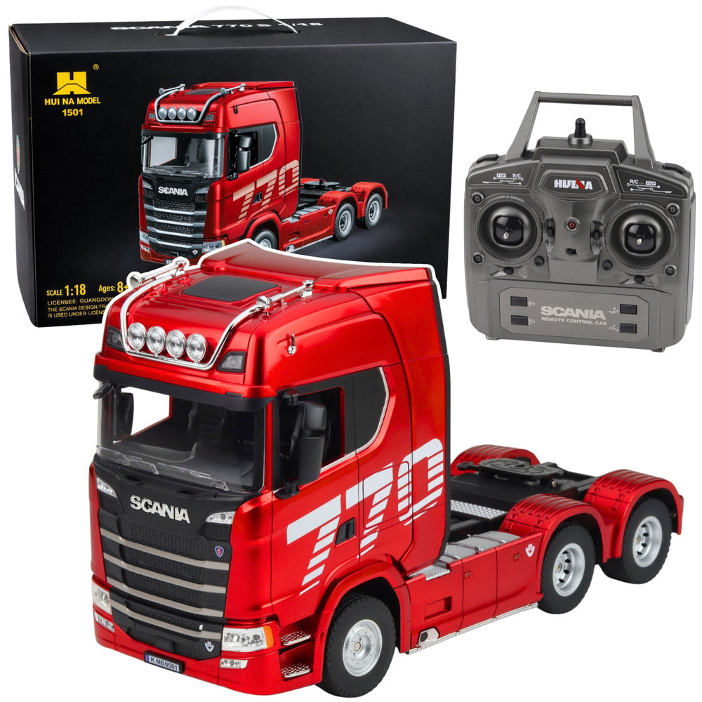 RC Scania Huina 1501 tālvadības vilcējs sarkanā krāsā ar pulti, gaismu un skaņu