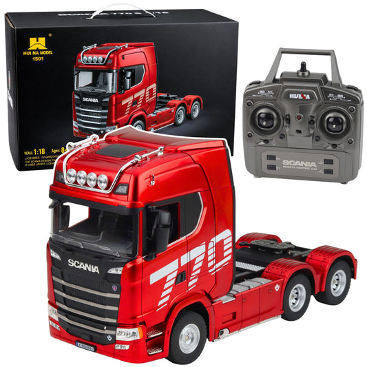 RC Scania Huina 1501 tālvadības vilcējs sarkanā krāsā ar pulti, gaismu un skaņu