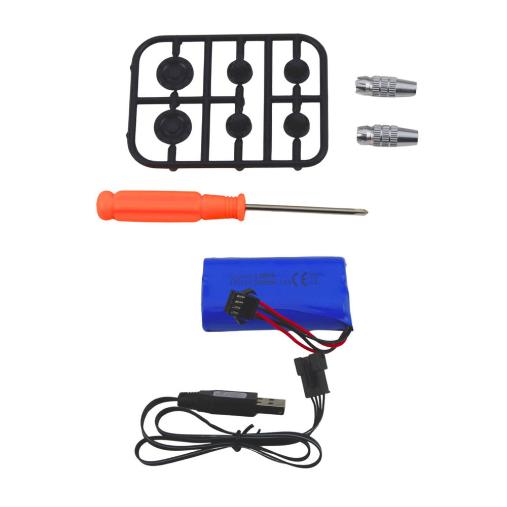 RC Scania kravas vilcēja piederumi – akumulators, USB uzlādes kabelis, skrūvgriezis un detaļas