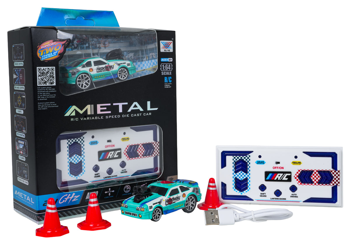 rc-sporta-auto-1-64-tirkiza-krasa-metala-virsbuve-2-4ghz-pults-app-vadiba-iepakojums
