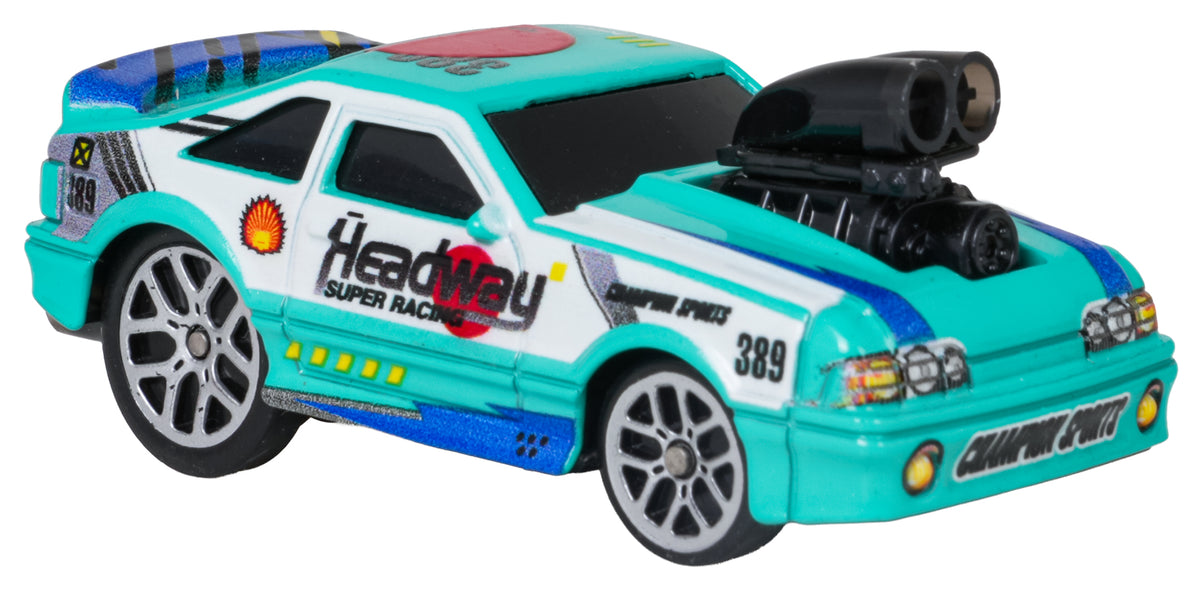 RC sporta auto tirkīza un baltā krāsā ar sacīkšu dizainu, priekšējais sānskats