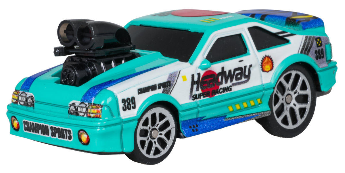 RC sporta auto tirkīza un baltā krāsā ar sacīkšu dizainu