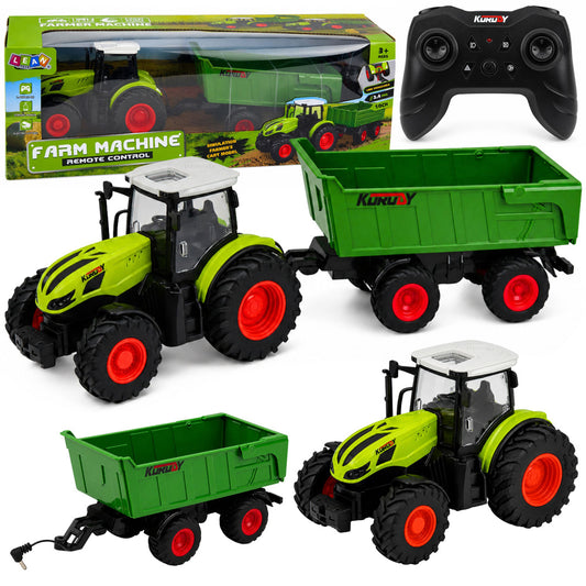 Zaļš RC traktors ar pašizgāzēja piekabi, tālvadības pulti un LED gaismām