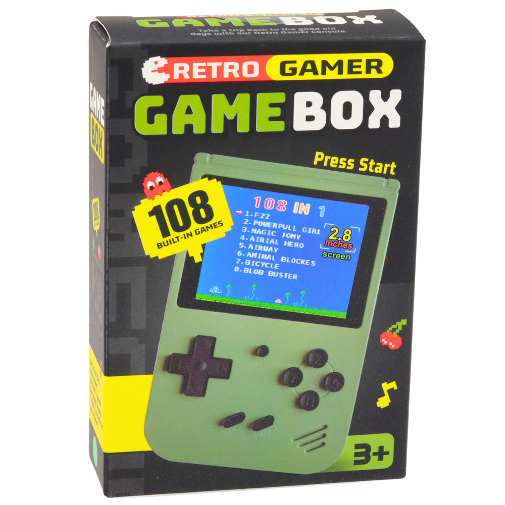 Retro Gamer Gamebox spēļu konsoles iepakojums ar attēlotu portatīvo konsoli, 108 iebūvētām spēlēm un 2.8 collu ekrānu