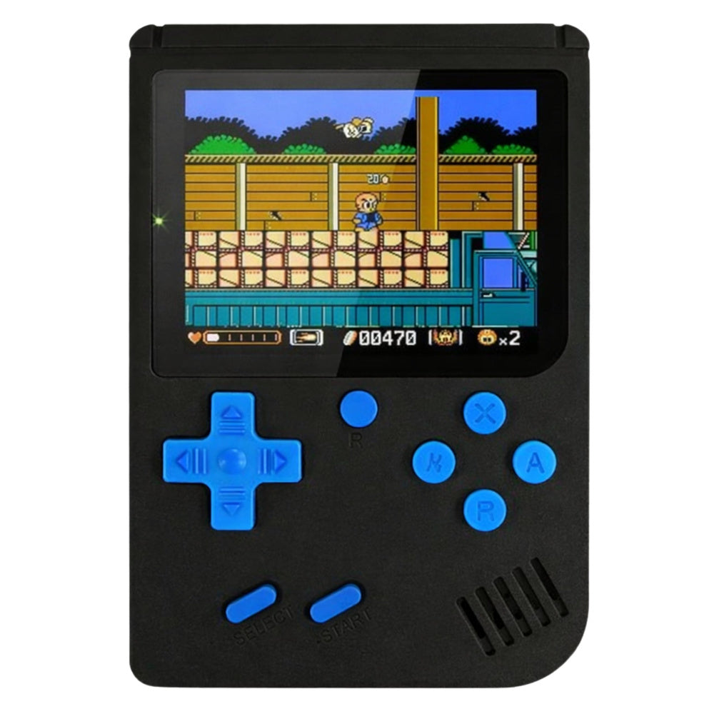 Melna retro spēļu konsole ar LCD ekrānu un zilām pogām, redzama ieslēgta spēle ekrānā