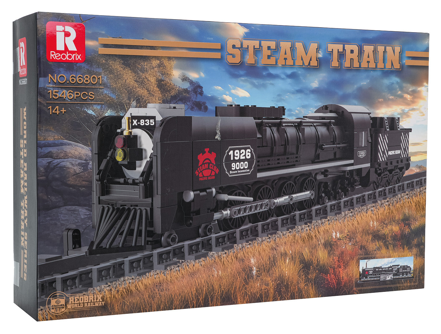 Retro tvaika lokomotīves klucīšu modelis ar pamatni un fonu