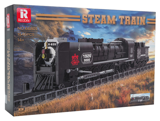 Retro tvaika lokomotīves klucīšu modelis ar pamatni un fonu