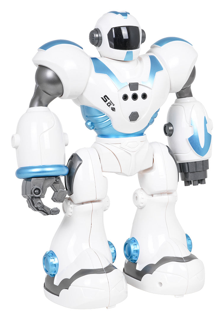 Balts un zils interaktīvais robots Dancing U-ictory ar kustīgām rokām un gaismām, paredzēts bērniem no 3 gadiem