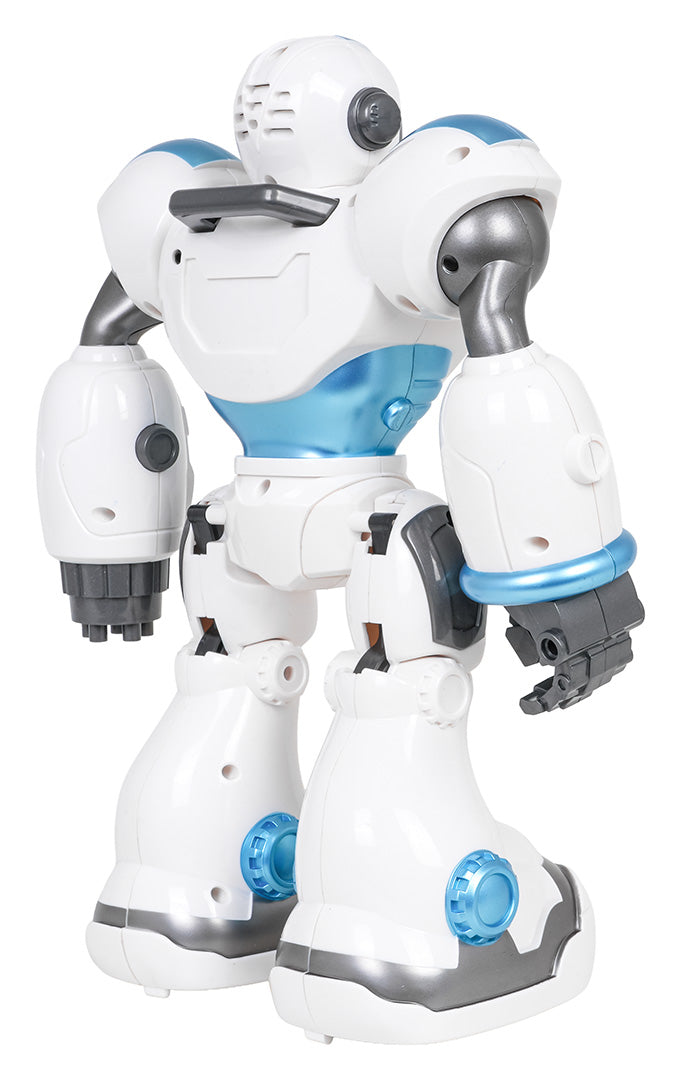 Balts un zils robots Dancing U-ictory skatā no aizmugures ar pelēkām rokām un kustīgām detaļām