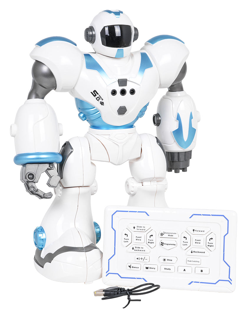 Balts un zils interaktīvais robots ar tālvadības pulti un USB uzlādes kabeli – Dancing U-ictory modelis bērniem