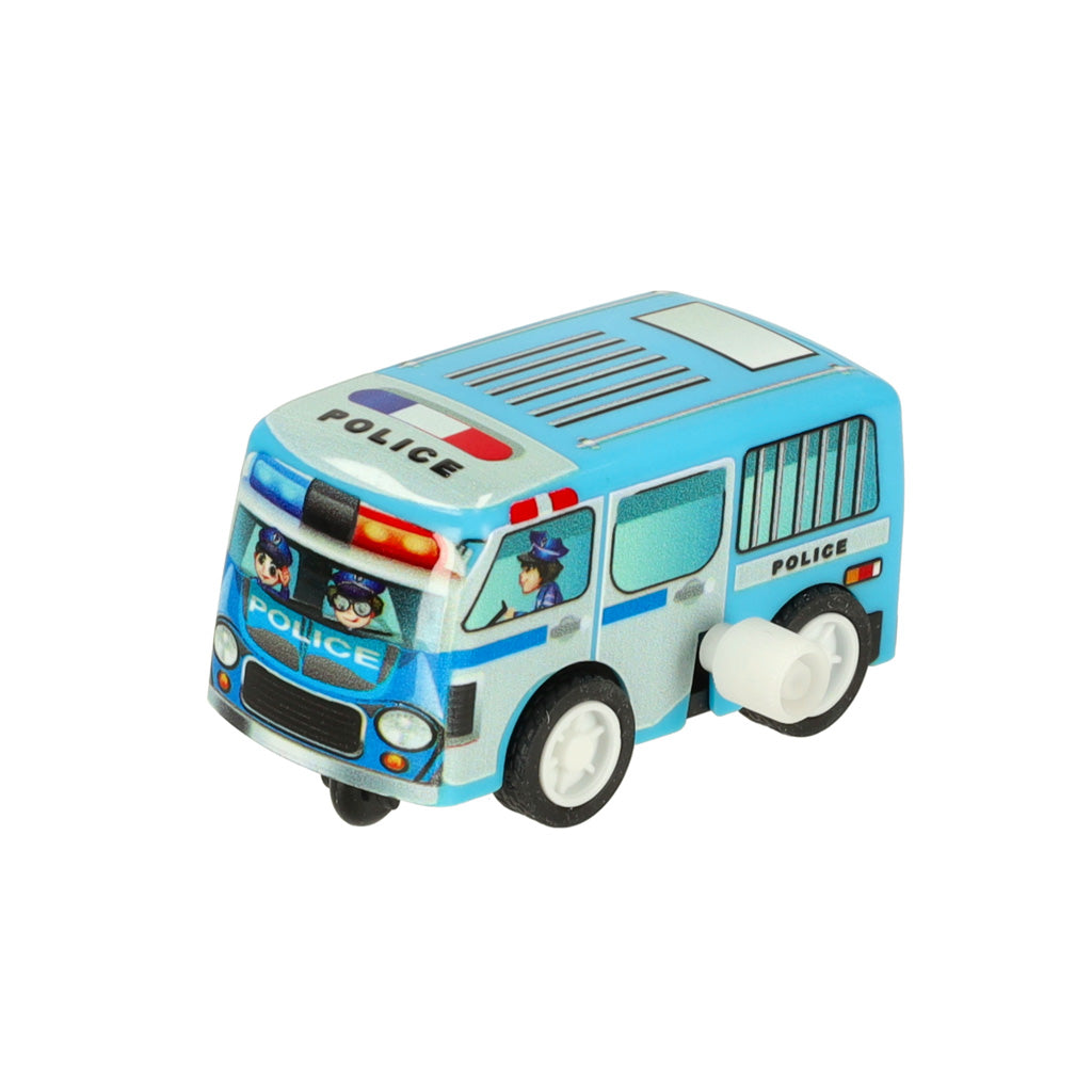 Zils rotaļu policijas autobuss ar atsperes mehānismu un policistu ilustrācijām logos.