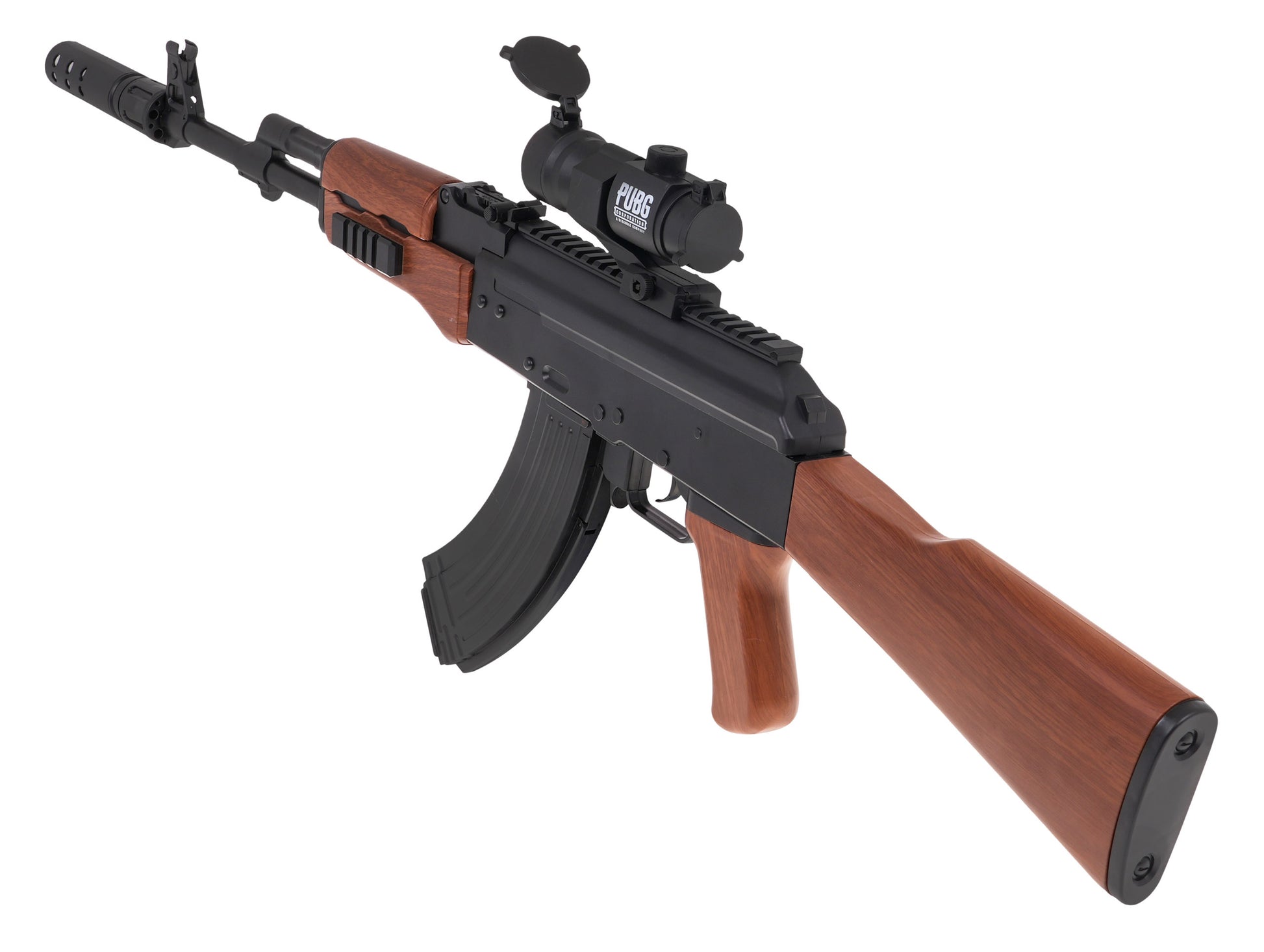 Rotaļlietu automāts ar koka imitācijas laidi, optisko tēmēkli un klusinātāja imitāciju