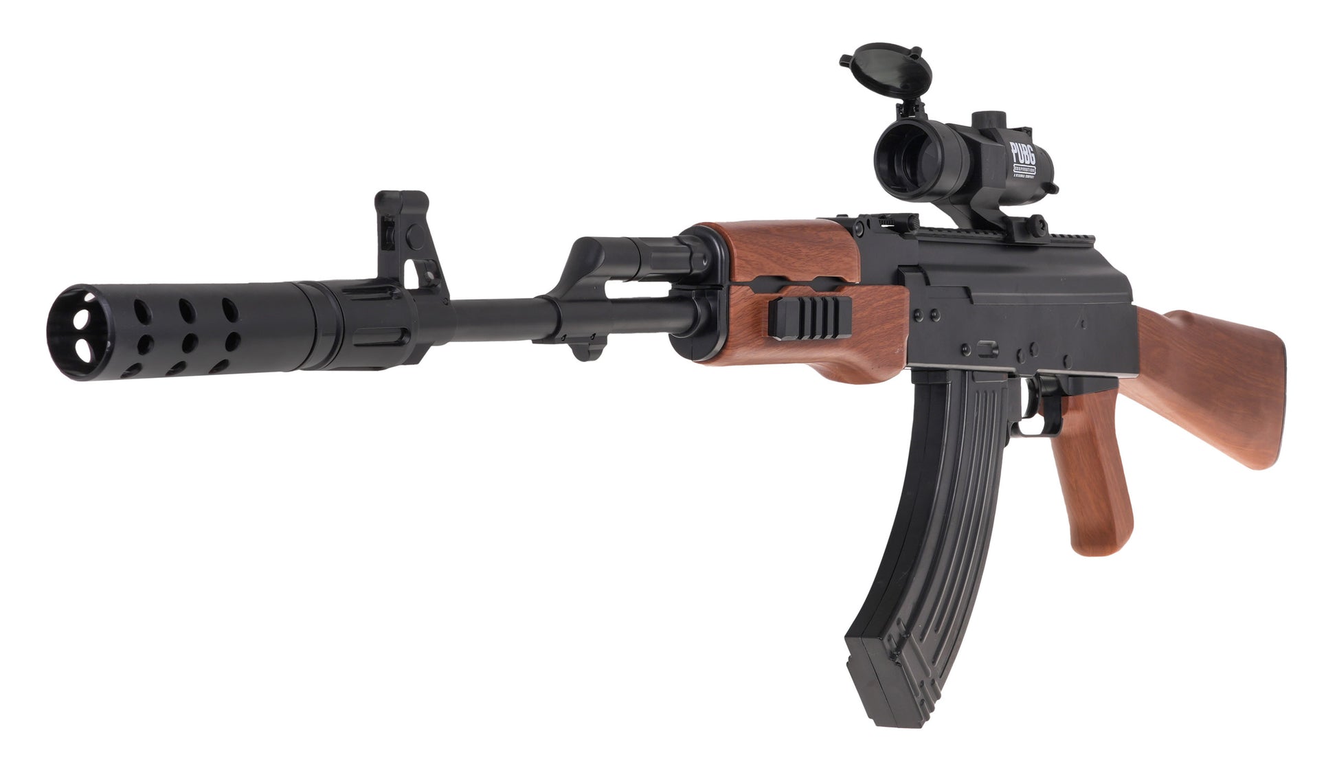 Rotaļlietu automāts ar koka imitācijas detaļām, optisko tēmēkli un klusinātāja imitāciju