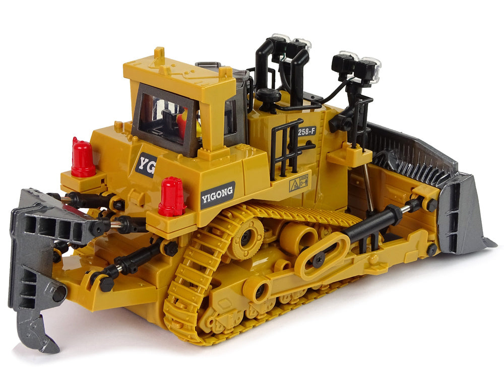 Rotaļu buldozers ar detalizētām iezīmēm uz balta fona