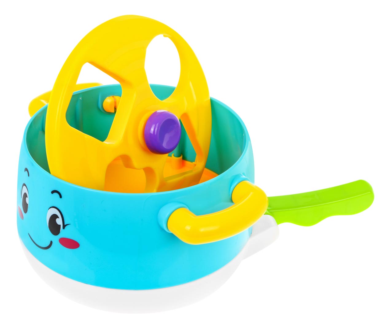 bernu rotaļu katliņš ar dzeltenu maisītāju zilā traukā ar smaida sejiņu