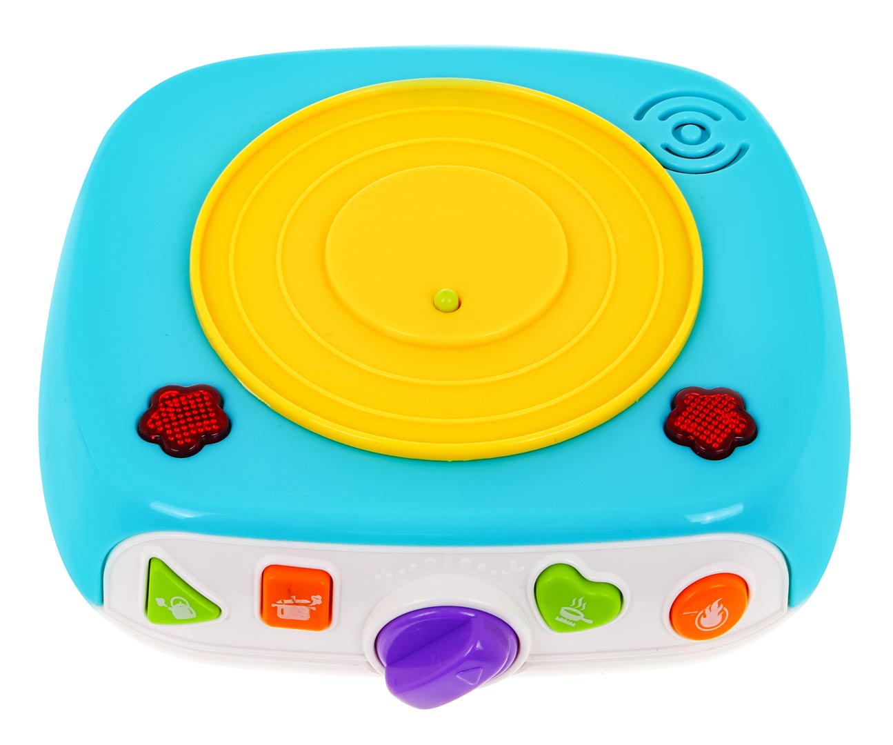 bernu rotaļu plīts ar dzeltenu riņķi un krāsainām pogām zilā korpusā