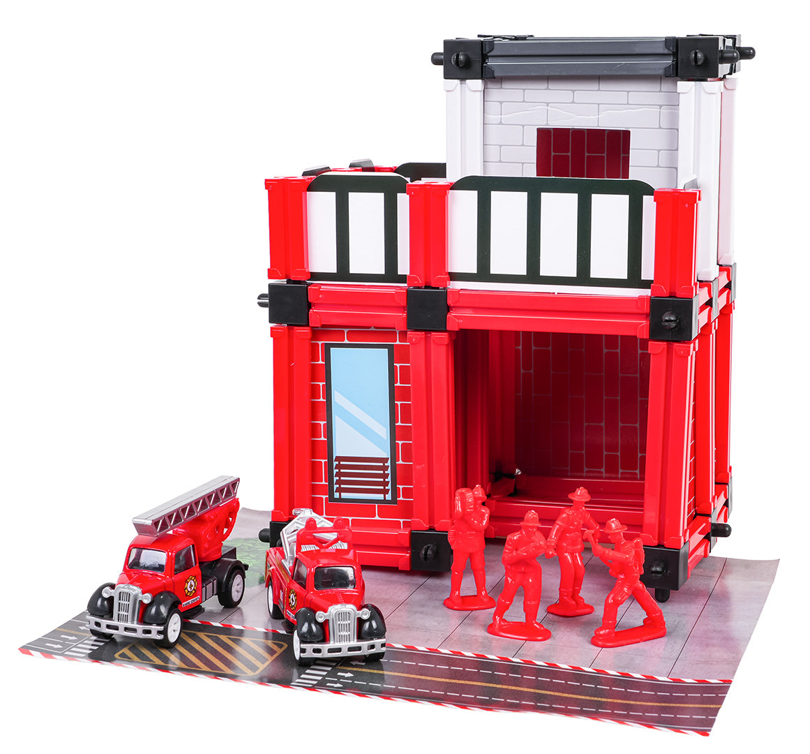 Bērnu rotaļu ugunsdzēsēju depo ar mašīnām un ugunsdzēsēju figūriņām