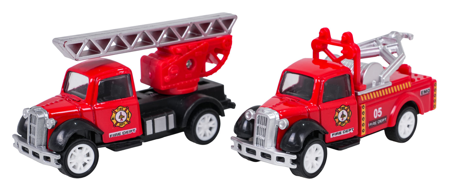 Divas sarkanas rotaļu ugunsdzēsēju mašīnas ar pacelšanas un glābšanas aprīkojumu