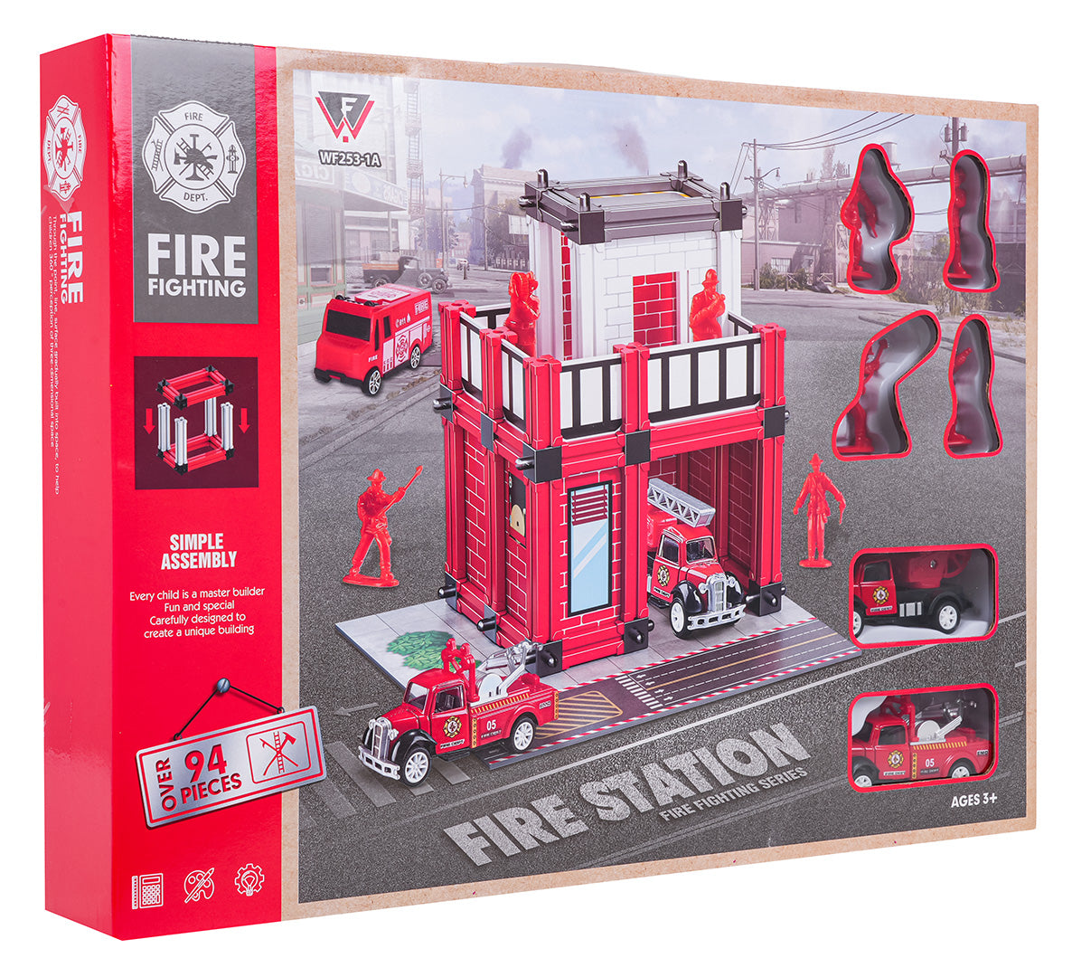 Rotaļu ugunsdzēsēju stacijas komplekts iepakojumā ar ēku, mašīnām un figūrām