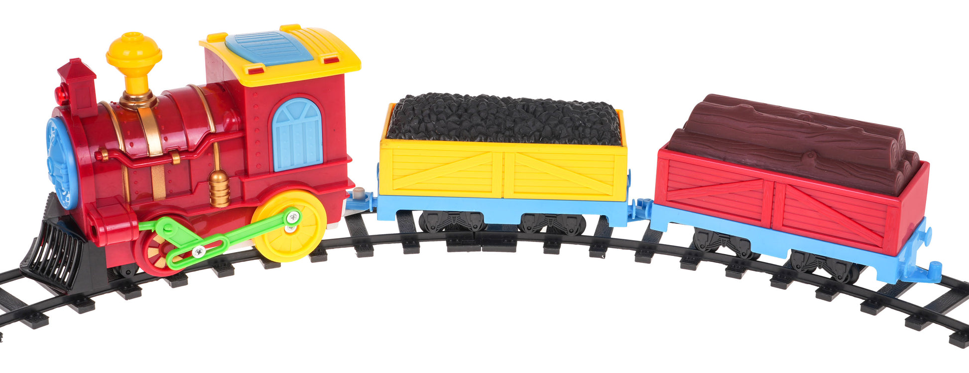 Rotaļu vilciens ar lokomotīvi, ogļu vagonu un baļķu vagonu, kas brauc pa lokveida sliedēm.