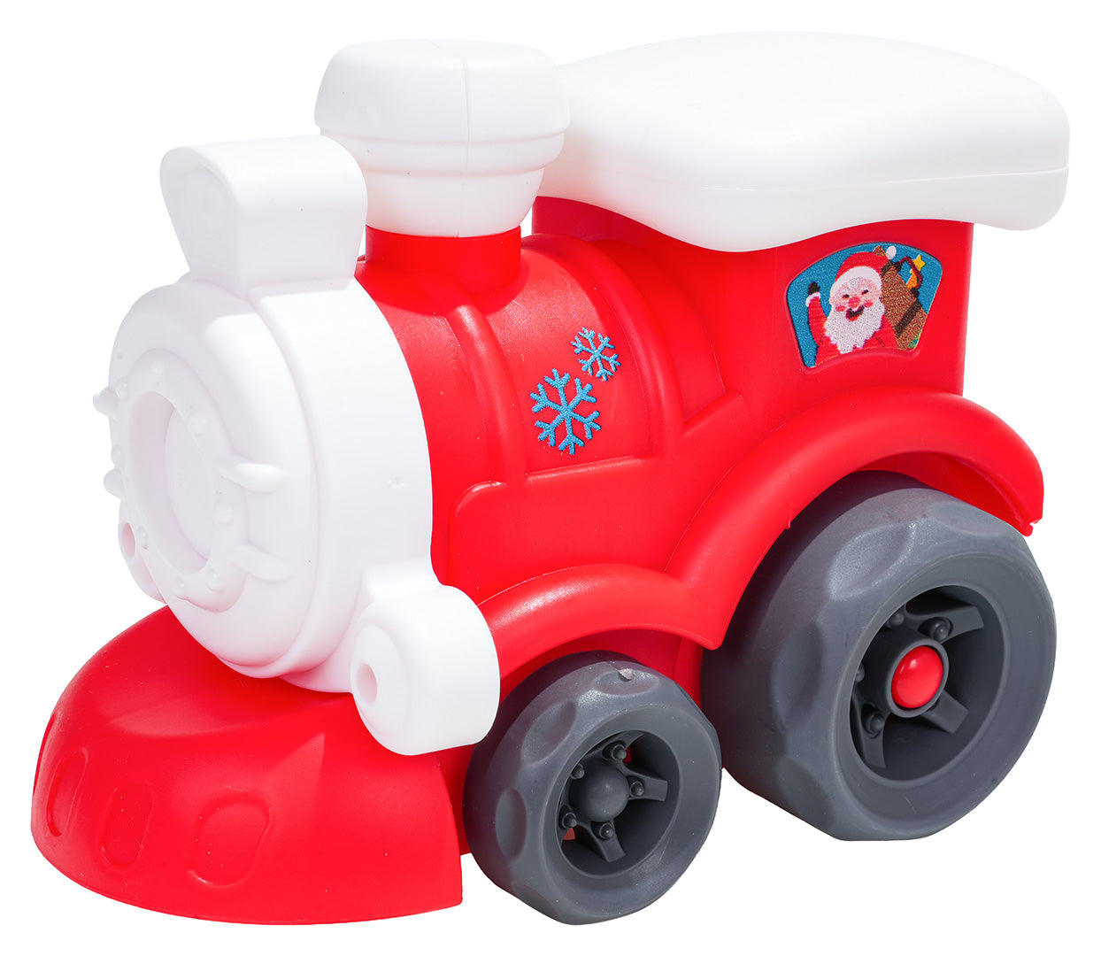 Sarkana rotaļu vilciena lokomotīve ar baltu jumtu un Ziemassvētku uzlīmēm