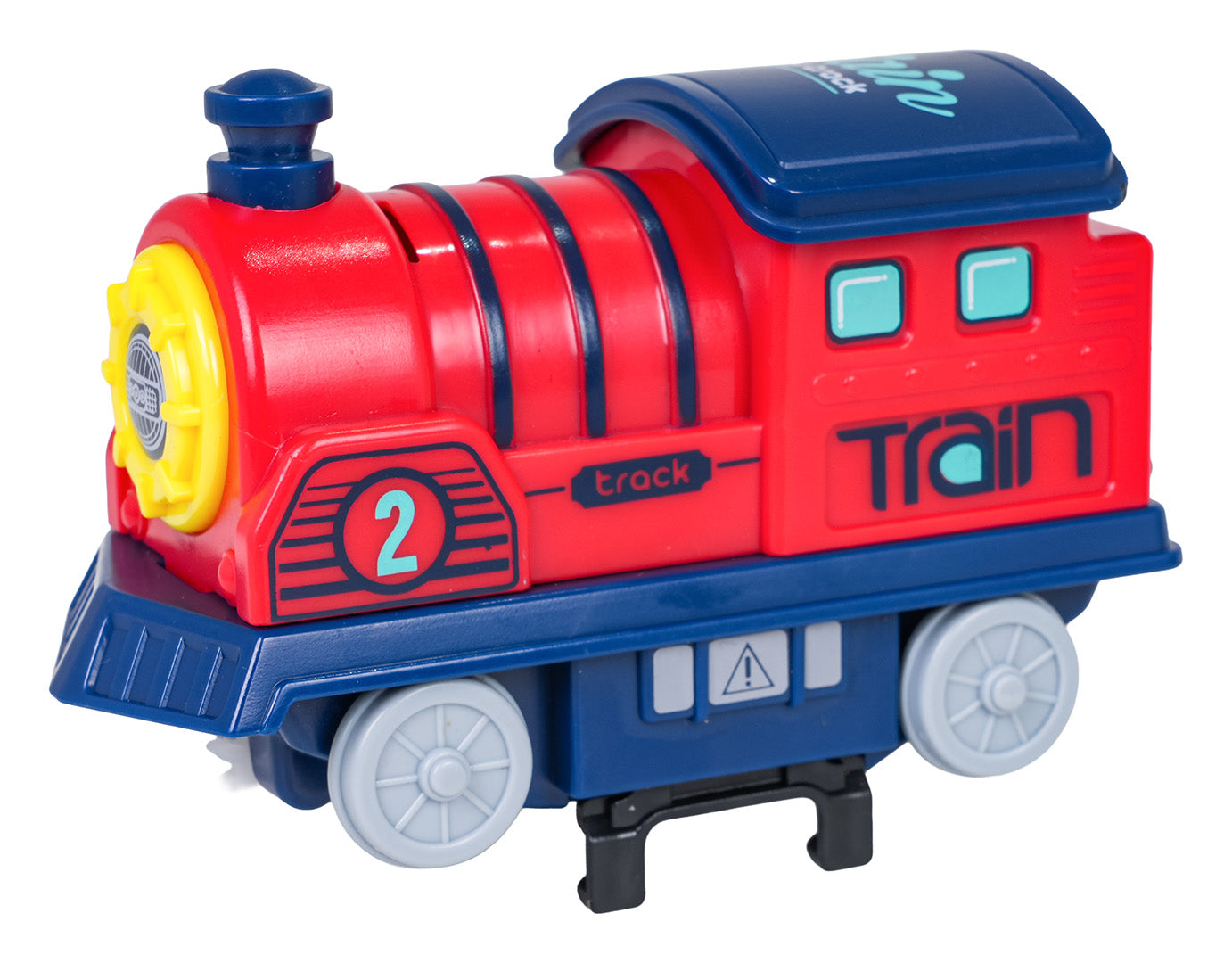 Sarkans rotaļu vilcieniņš ar zilu jumtu, dzeltenu priekšējo paneli un numuru “2” uz sāna, paredzēts sliežu trasei.