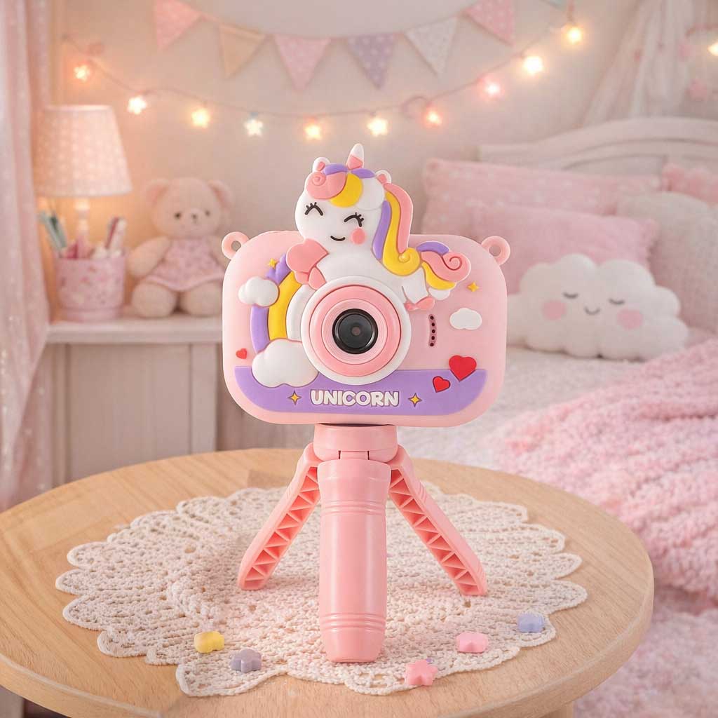 Rozā bērnu digitālā fotokamera ar vienradža dizainu uz mini statīva bērnistabā