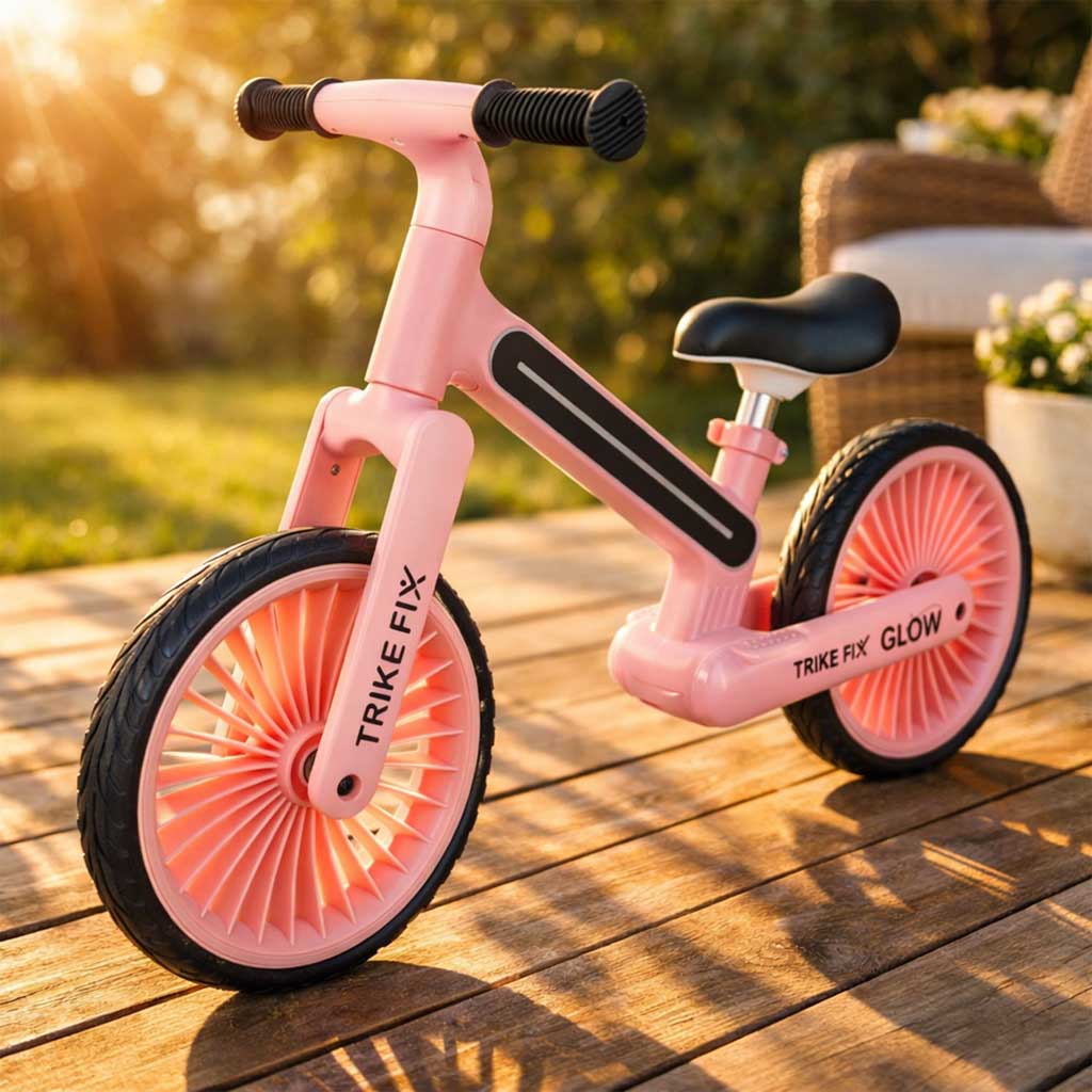 Rozā bērnu līdzsvara velosipēds Trike Fix Glow ārā uz terases saulainā laikā