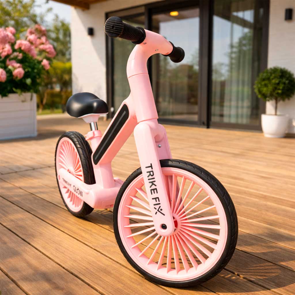 Rozā bērnu līdzsvara velosipēds Trike Fix Glow uz koka terases pie mājas