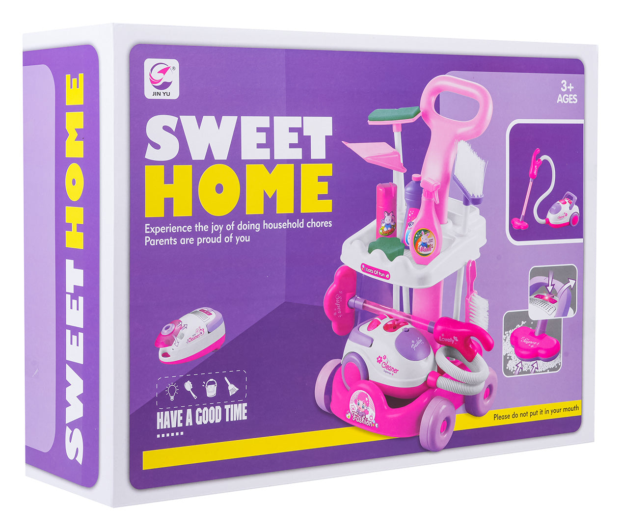 Rozā bērnu tīrīšanas komplekts ar ratiņiem un interaktīvu putekļsūcēju kastē