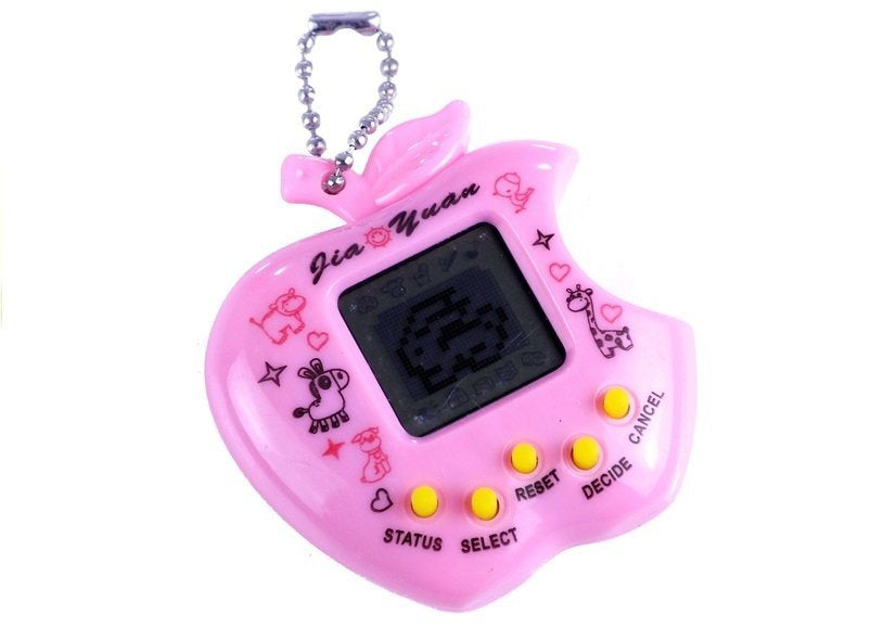 Rozā elektroniskais tamagotchi ar ābola formas korpusu un displeju