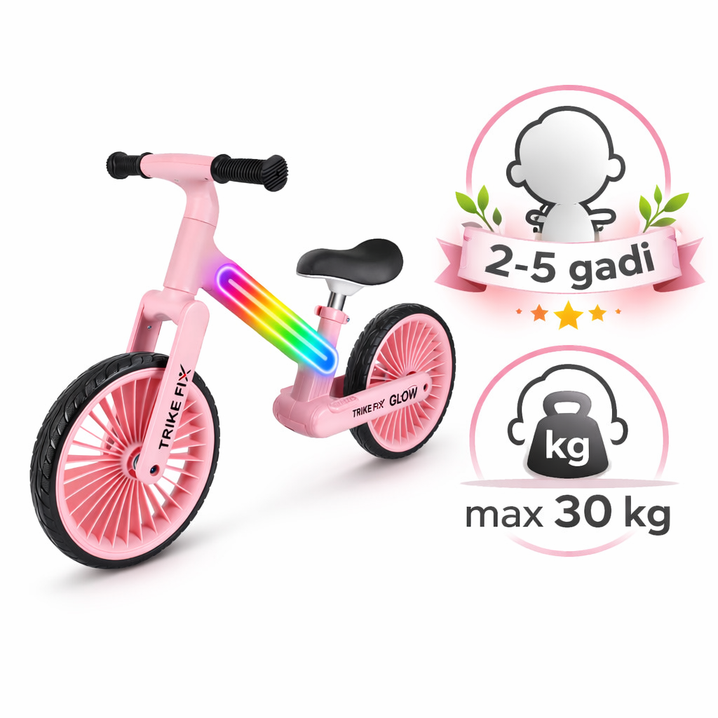 Rozā līdzsvara velosipēds Trike Fix Glow ar LED apgaismojumu, piemērots bērniem 2–5 gadi līdz 30 kg