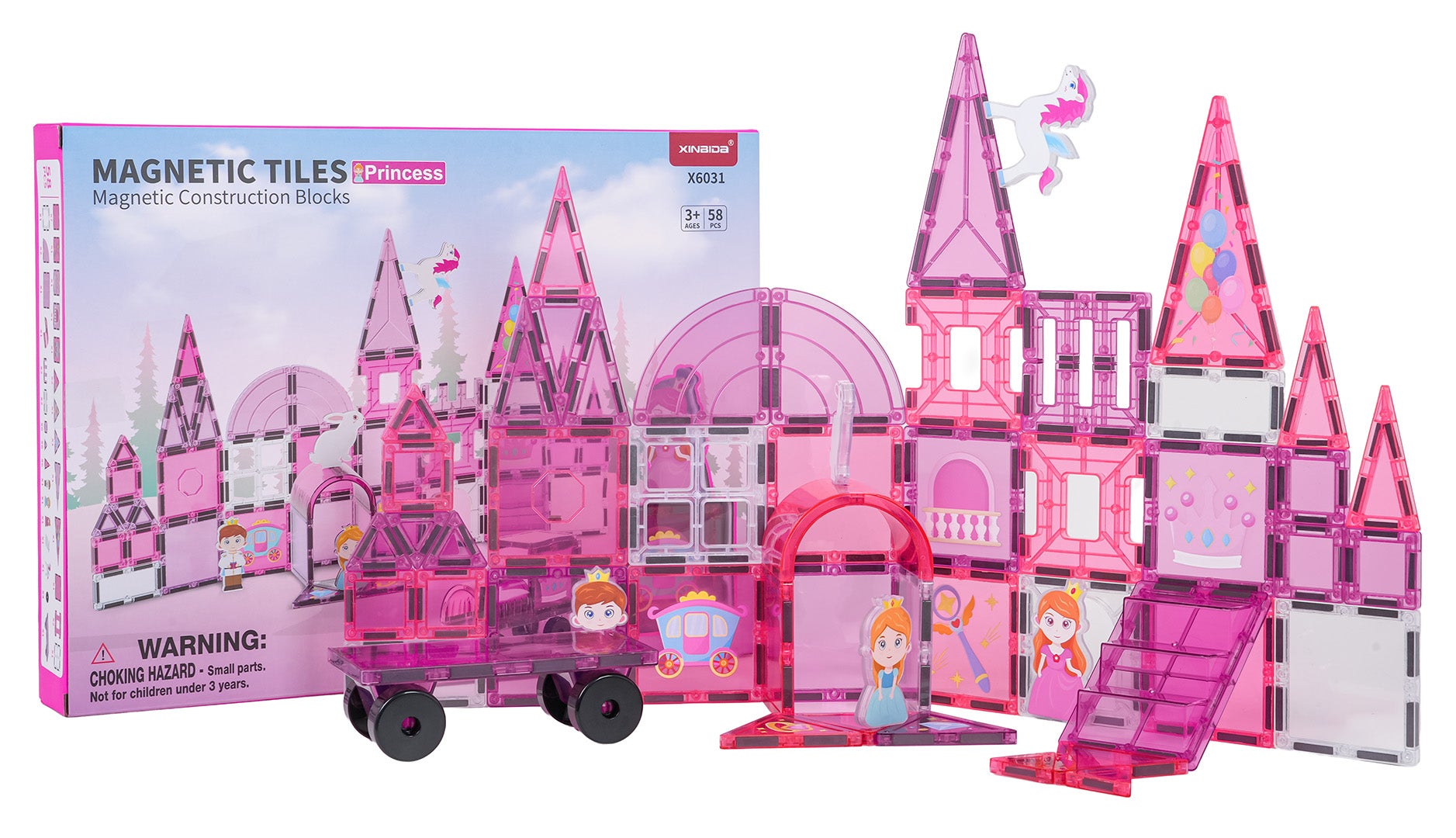 Rozā princeses magnētisko klucīšu komplekts ar pils konstrukciju un figūriņām