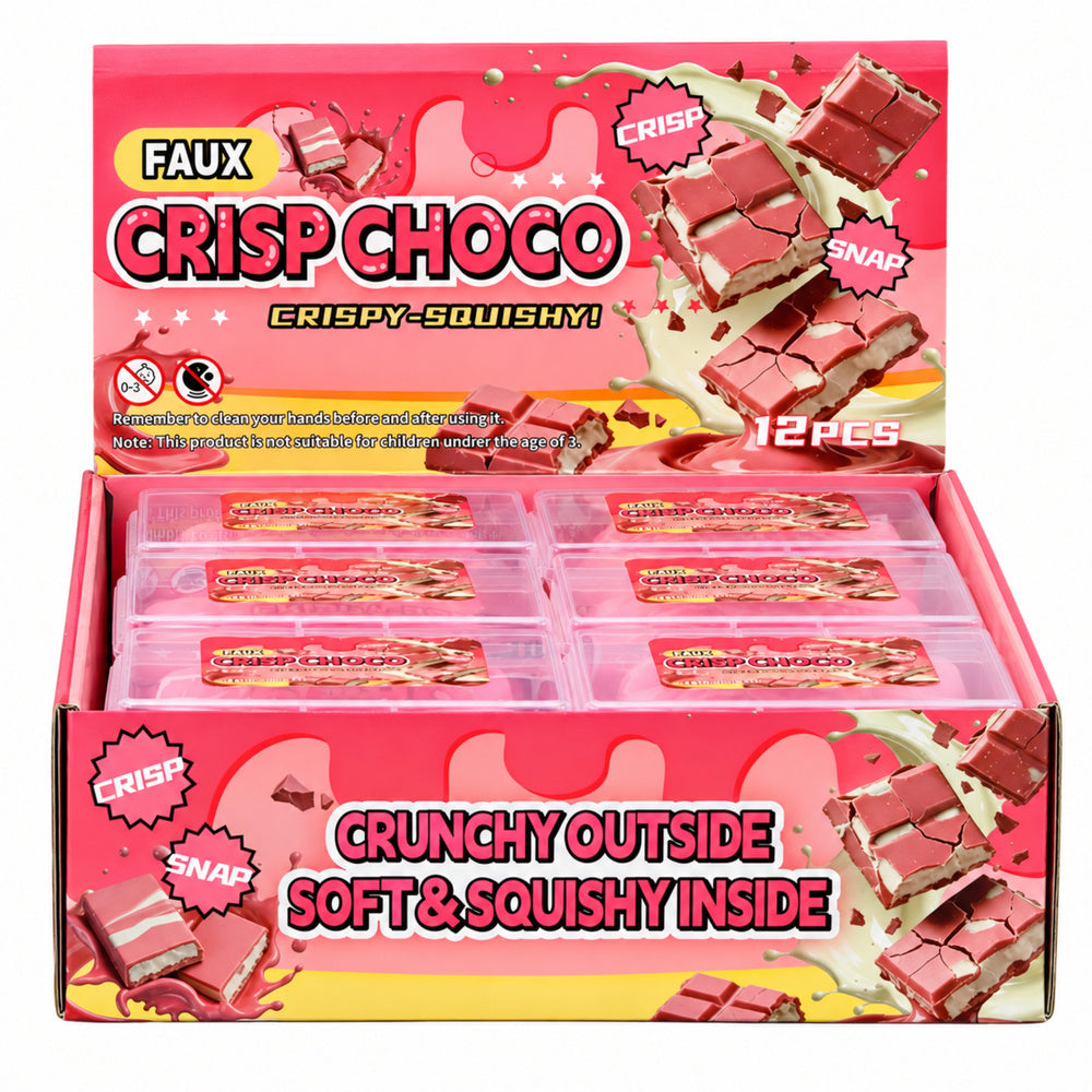 Rozā sensorās antistresa rotaļlietas šokolādes tāfelītes formā ar kraukšķēšanas efektu, caurspīdīgās plastmasas kastītēs, Crisp Choco oriģinālajā tirdzniecības stendā ar 12 gabaliem
