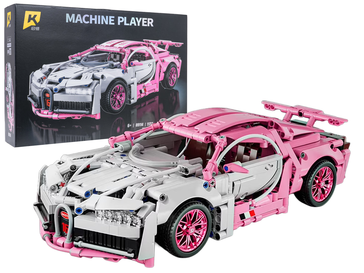 Rozā un baltā sporta auto klucīšu modelis ar kasti fonā, 1132 gab.