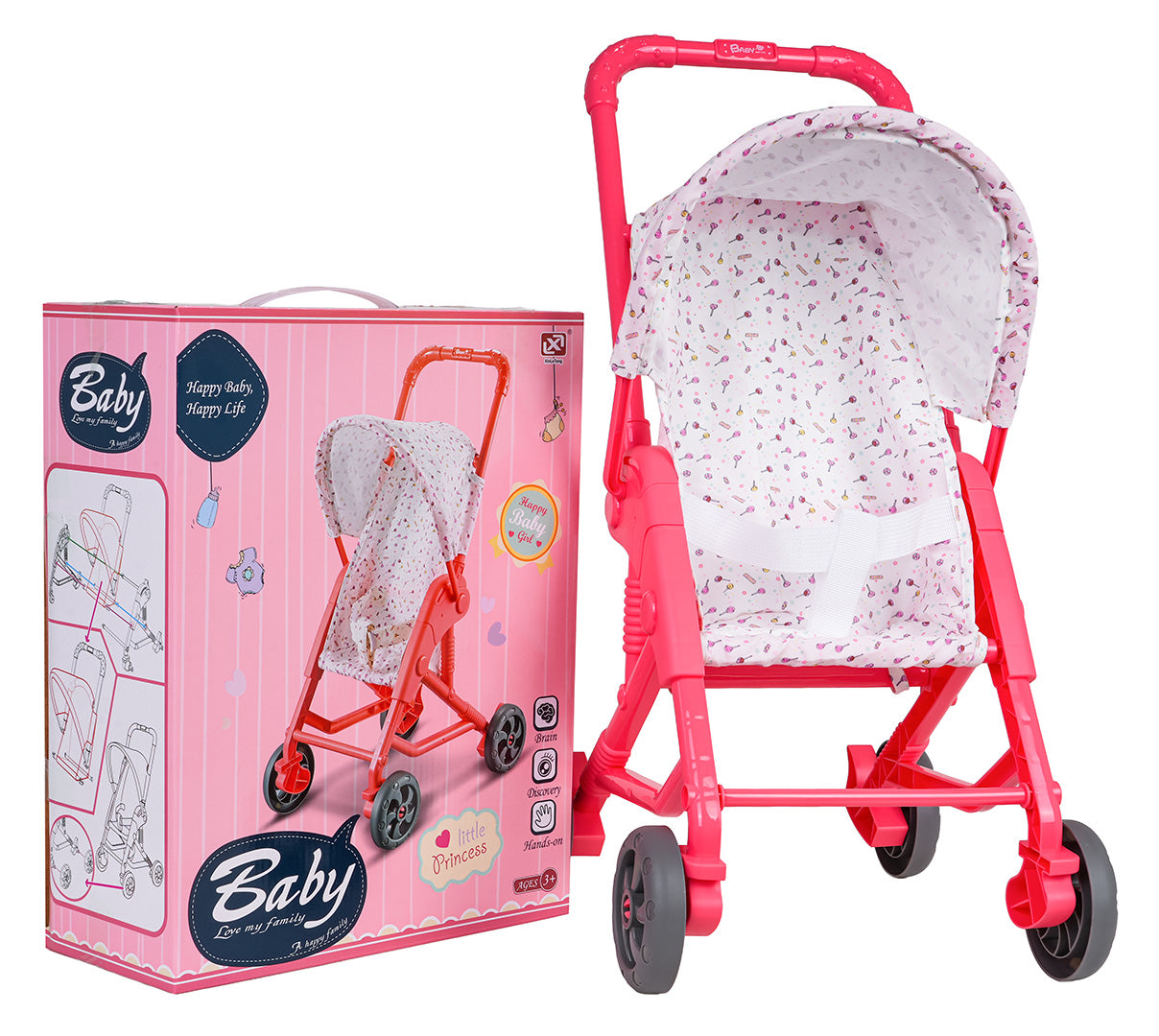 rozā leļļu ratiņi ar kapuci un balti raibu audumu