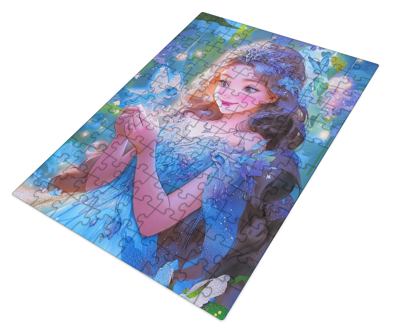 Salikta 100 detaļu puzle ar mirdzošu princesi un mazu feju zilā tonī