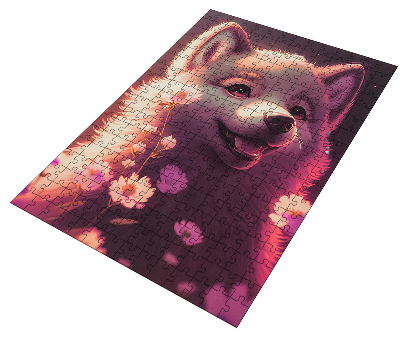 Salikta 300 detaļu puzle ar baltu suni ziedu fonā