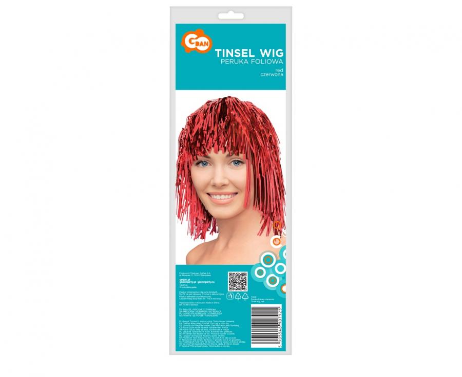 Sarkana folijas parūka iepakojumā ar uzrakstu "Tinsel Wig"