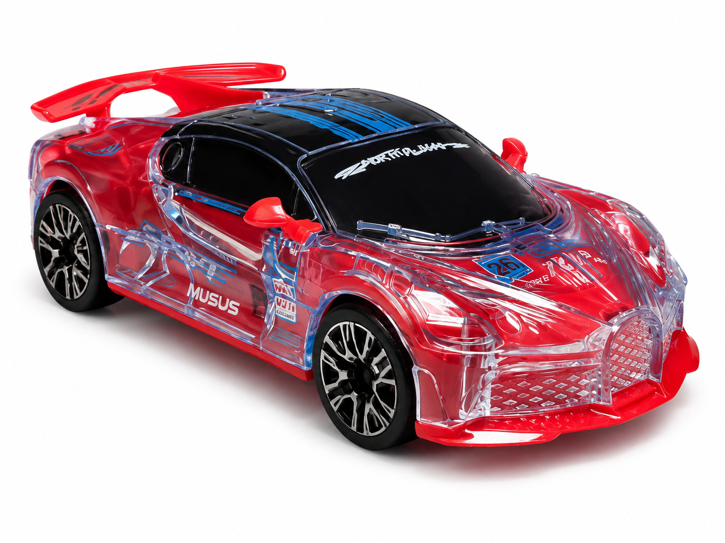 Sarkana rotaļu sporta automašīna ar caurspīdīgu virsbūvi un aizmugurējo spoileru