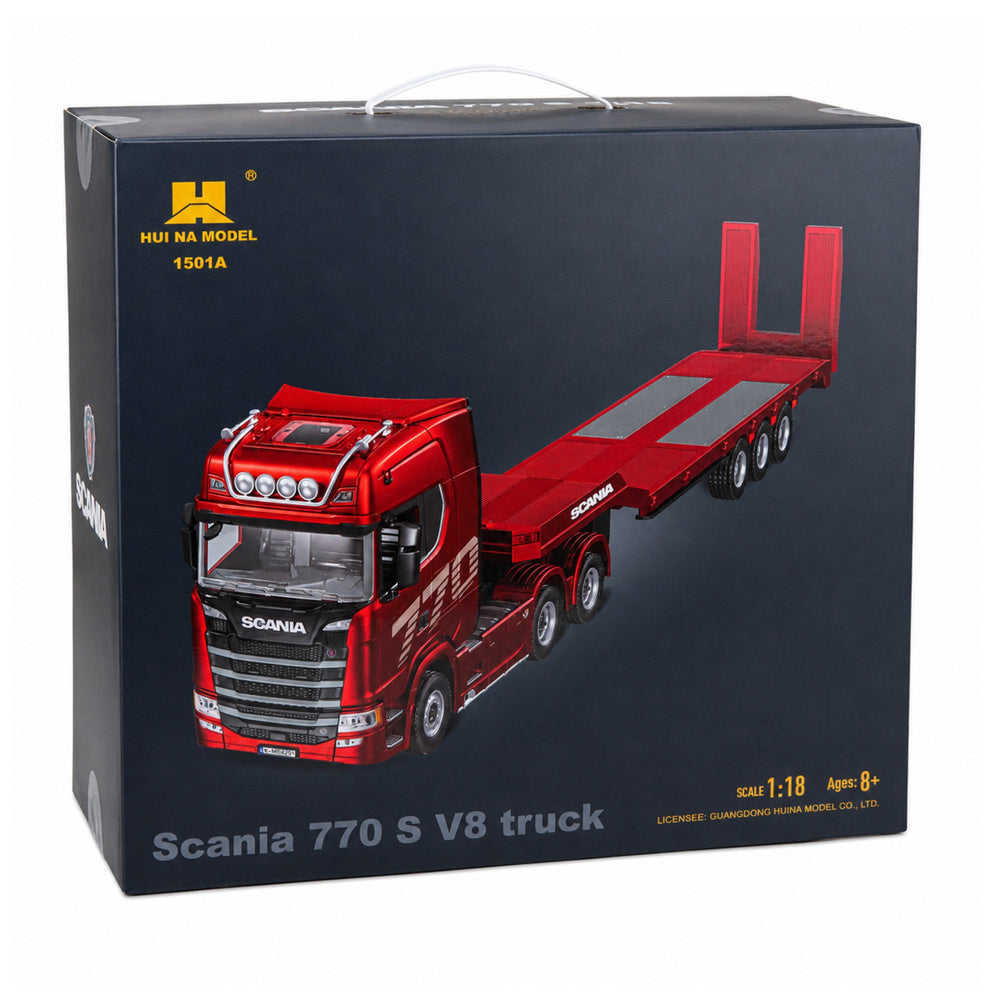 Sarkana tālvadības kravas automašīna Scania 770S ar zemās platformas piekabi mērogā 1:18 iepakojumā