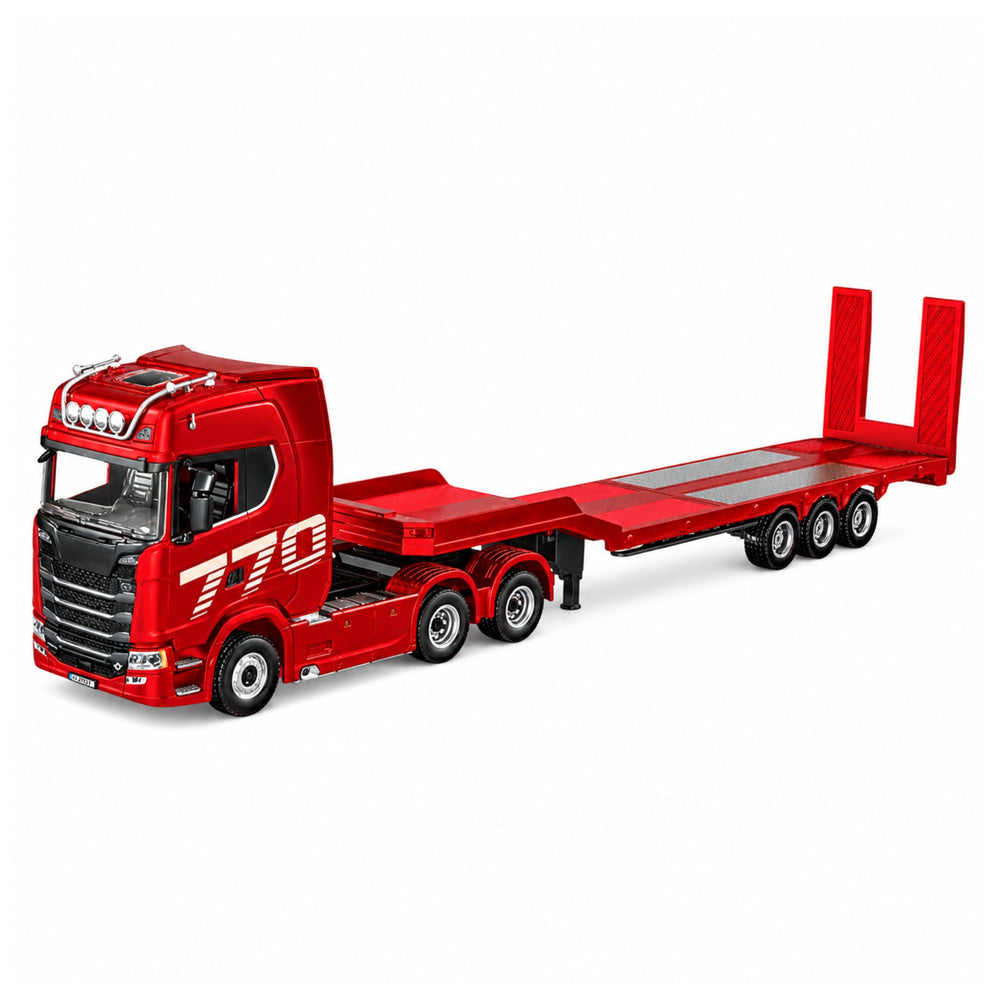 Sarkana tālvadības kravas automašīna Scania 770S ar zemās platformas piekabi mērogā 1:18