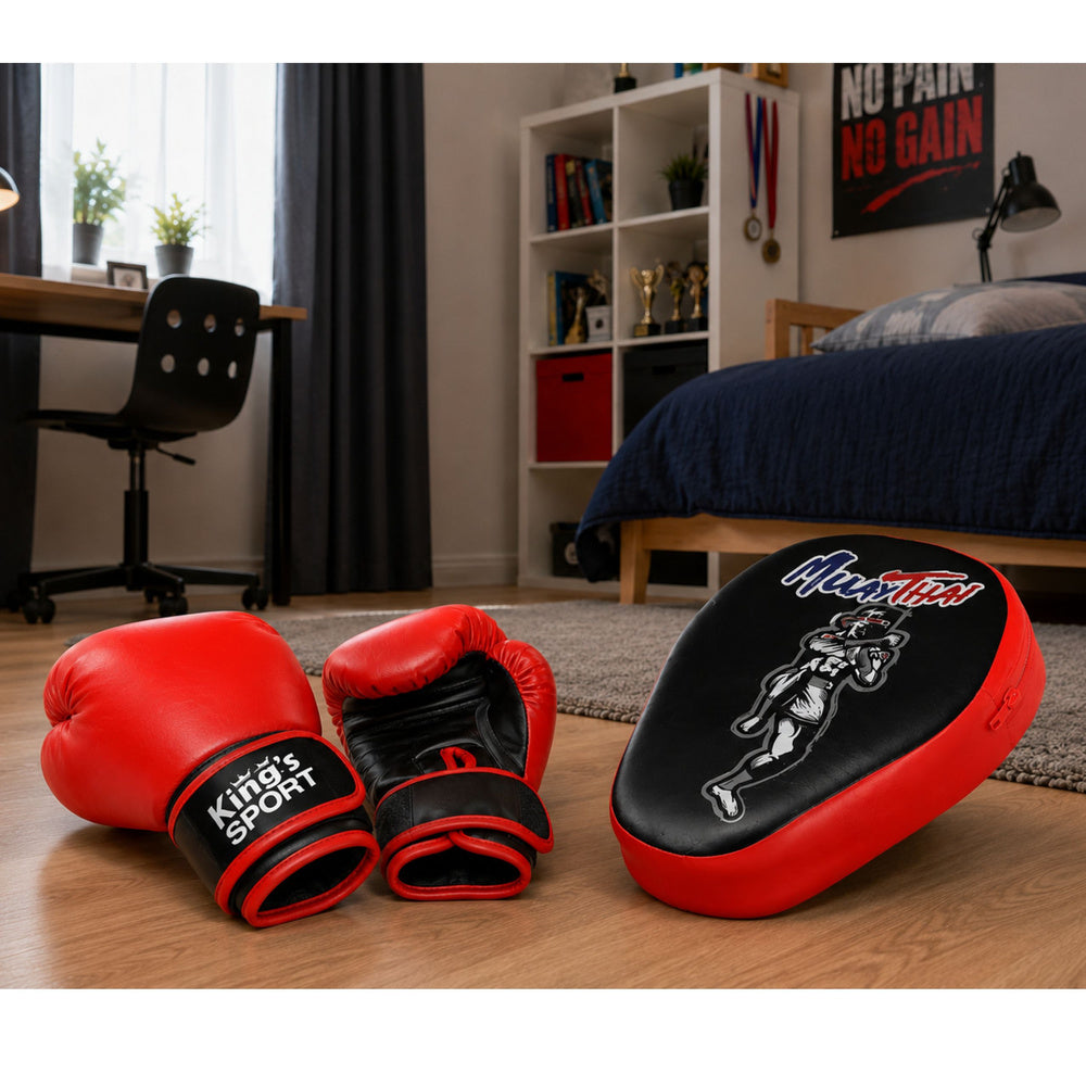 Sarkani boksa cimdi un Muay Thai treniņu ķepa bērnu sporta komplektā