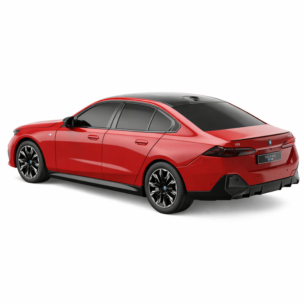 Sarkans tālvadības auto BMW i5 M60 mērogā 1:24 skatā no aizmugures