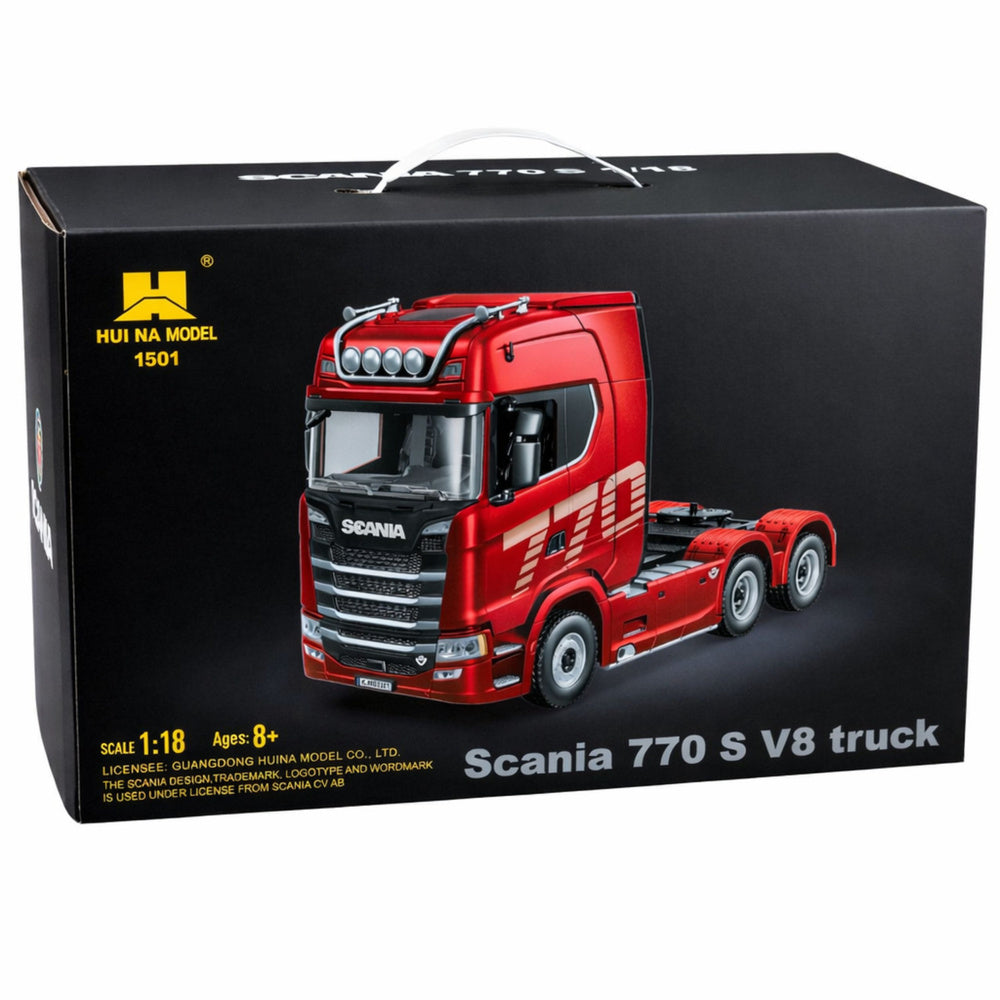 Sarkans tālvadības kravas vilcējs Scania 770 S V8 mērogā 1:18 iepakojumā