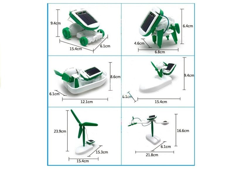 Saules enerģijas robota konstruktors 6-in-1 – visu modeļu izmēri (cm) vienā attēlā