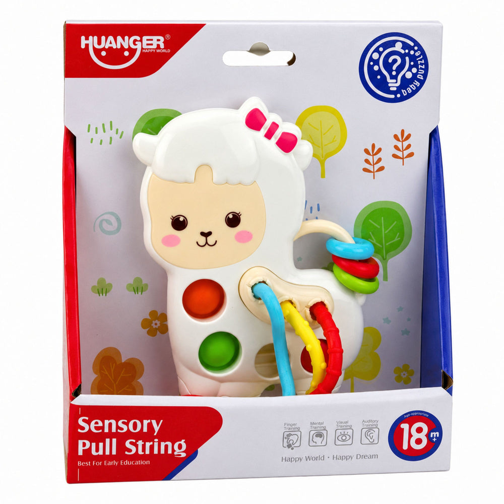 Sensorā rotaļlieta lamas formā ar velkamām aukliņām un Pop It pogām iepakojumā