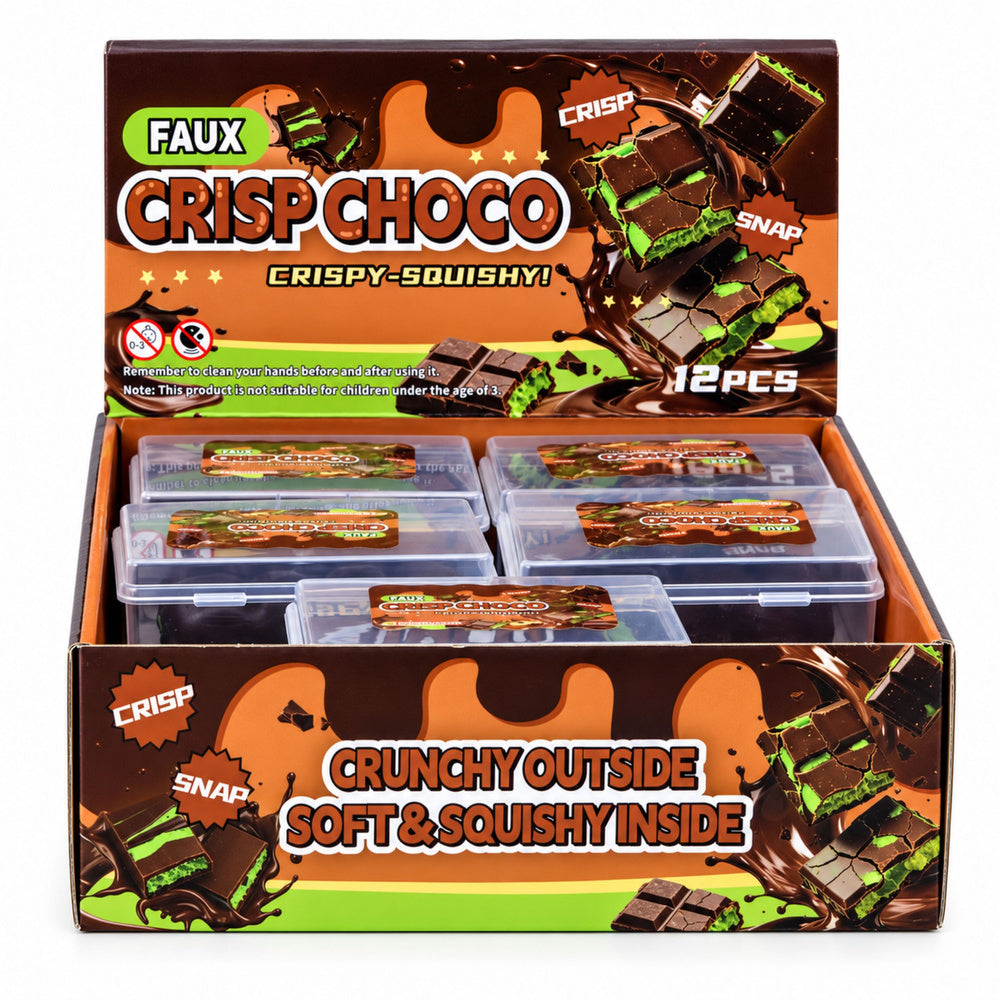 Sensorās antistresa rotaļlietas Dubaijas šokolādes formā ar kraukšķēšanas efektu, caurspīdīgās plastmasas kastītēs, Crisp Choco oriģinālajā tirdzniecības stendā ar 12 gabaliem